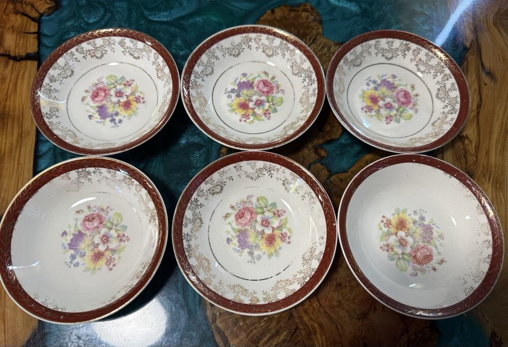 Six Vintage Stetson 22K Gold Trim 5” BERRY DESSERT BOWLS Made In USA